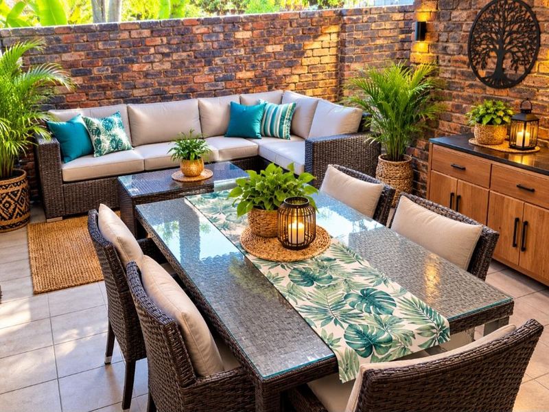 A well-maintained outdoor patio area featuring exposed brick walls, tiled flooring, and integrated wall lighting, perfect for alfresco dining and relaxation.