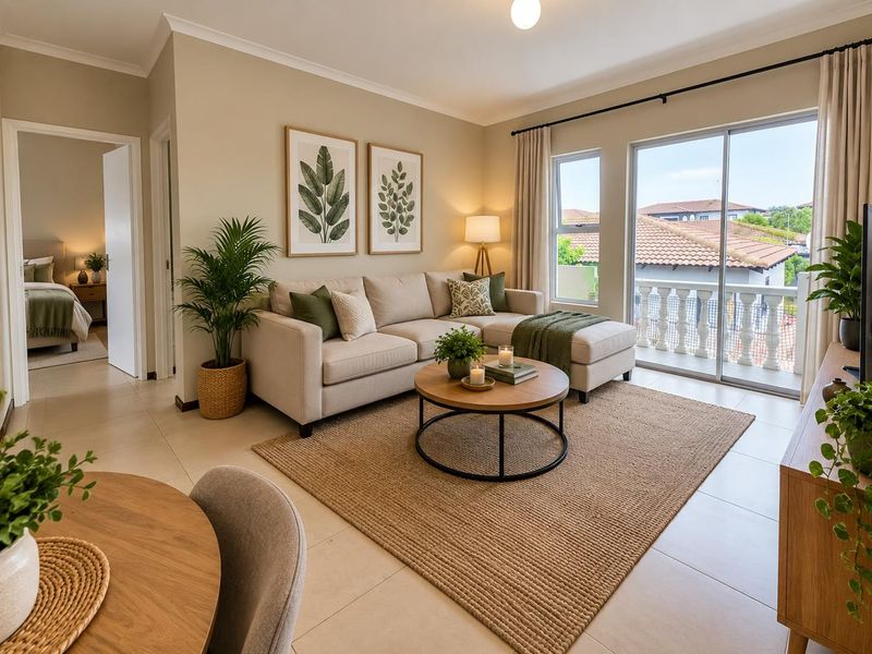 A bright and well-maintained living room featuring tiled floors, neutral walls, and a sliding glass door leading to a private balcony.