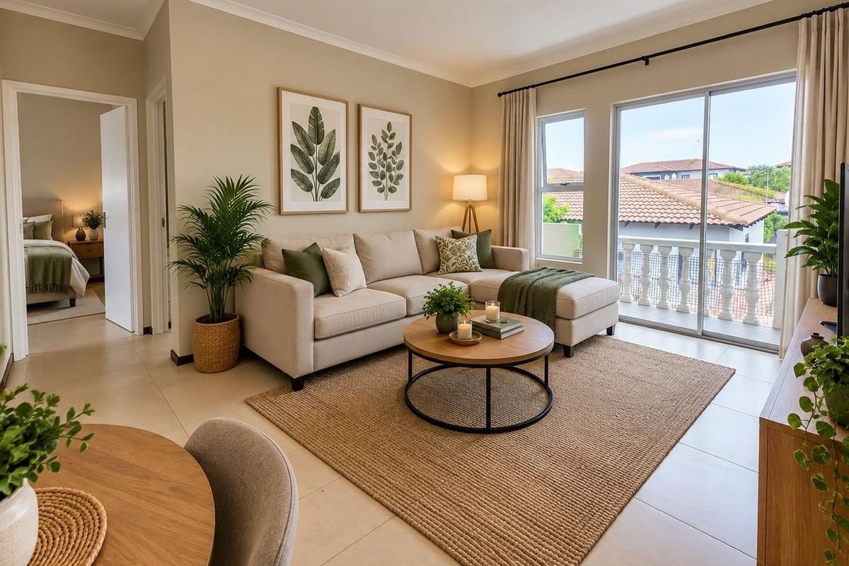 A bright and well-maintained living room featuring tiled floors, neutral walls, and a sliding glass door leading to a private balcony.