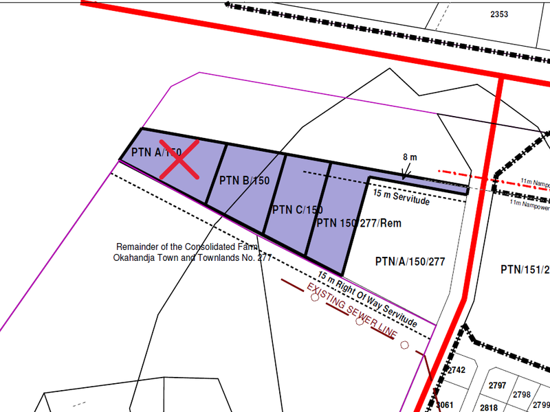 A cadastral survey map showing the subdivision layout of industrial land portions, including identified servitudes and existing sewer line infrastructure.