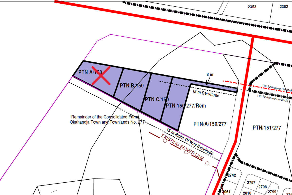 A cadastral survey map showing the subdivision layout of industrial land portions, including identified servitudes and existing sewer line infrastructure.