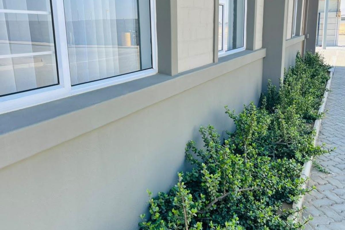 A side view of the townhouse exterior featuring modern aluminium window frames, a paved walkway, and established garden landscaping along the building facade.