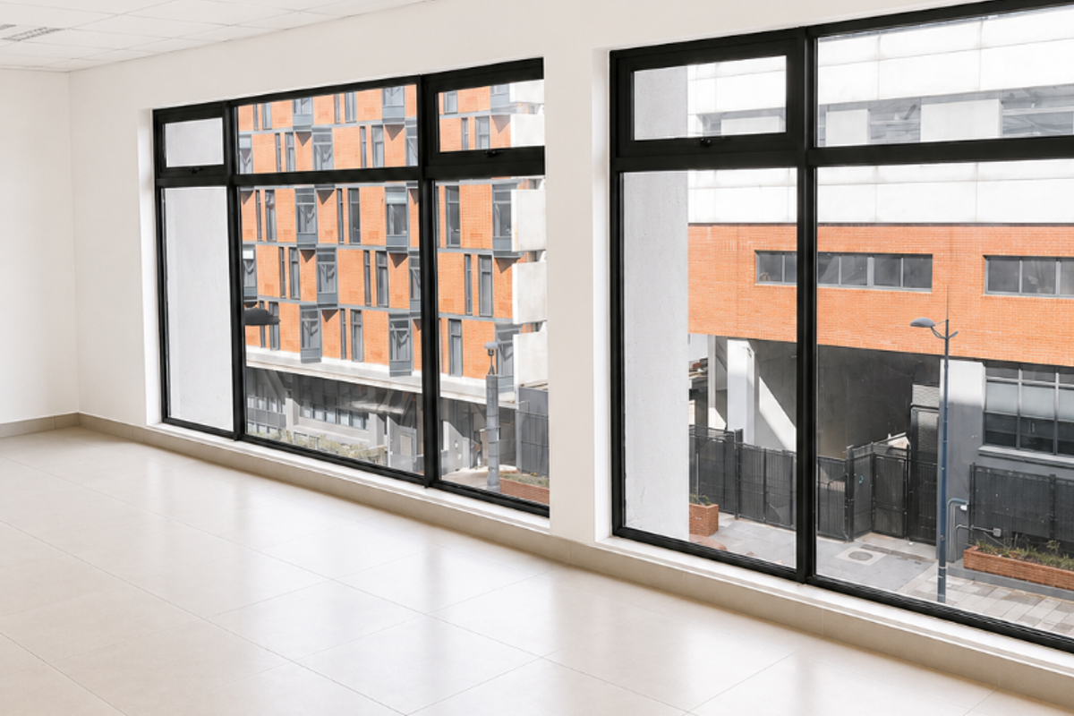 A bright, vacant office space featuring large windows, neutral tiled flooring, and a suspended ceiling with integrated lighting.