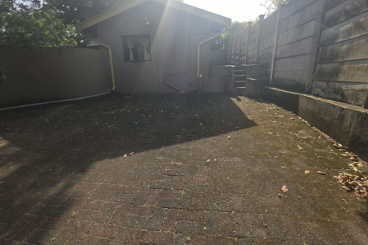 Rear exterior area featuring a paved courtyard, concrete boundary walls, and external stairs, requiring maintenance and cleaning to improve the overall appearance.