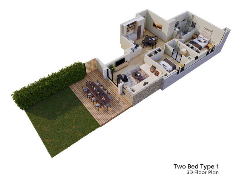 A 3D floor plan rendering of a two-bedroom apartment featuring an open-plan living area, kitchen, and a private outdoor deck with garden space.