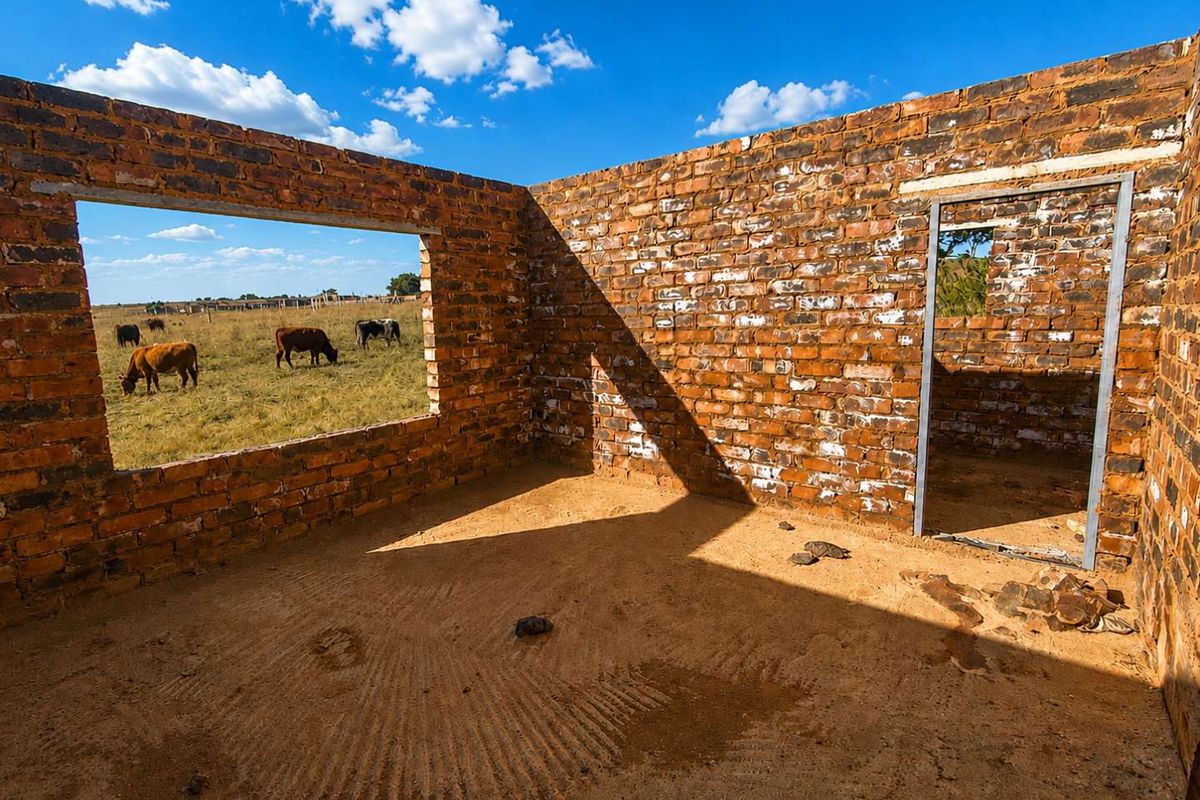 An unfinished brick structure in shell condition, featuring exposed masonry walls and a metal door frame, set within an open rural landscape.