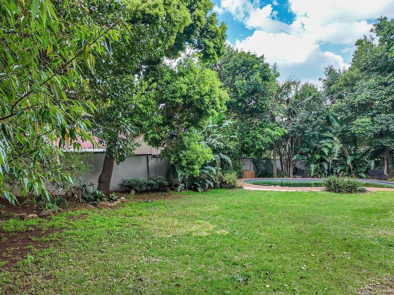 A spacious, lush green garden featuring a swimming pool, mature trees, and established boundary walls, offering a private and tranquil outdoor setting.