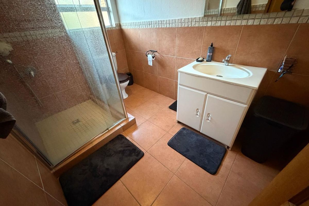 A functional bathroom featuring a shower enclosure, vanity cabinet with basin, and toilet, finished with terracotta-style floor and wall tiles.