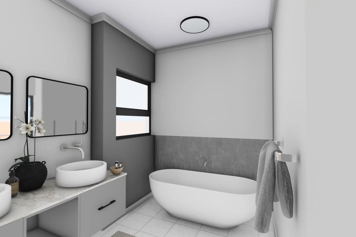Modern bathroom featuring a freestanding bathtub, dual vessel sinks on a vanity, and contemporary fixtures with a clean, minimalist aesthetic.