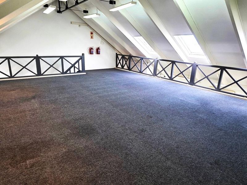 Spacious attic-style office area featuring exposed rafters, skylights, dark carpeting, and safety railings, providing a versatile open-plan workspace.