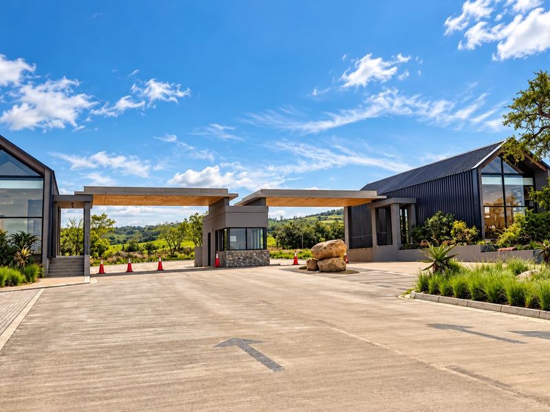 A modern, high-end residential estate entrance featuring a security gatehouse, paved driveway, and contemporary architectural structures set within a landscaped environment.