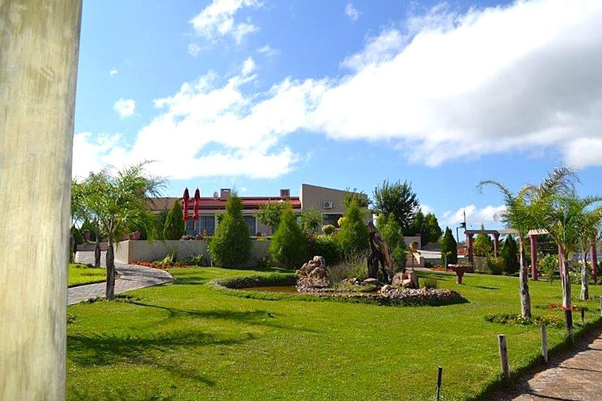 A well-maintained rear garden featuring a landscaped lawn, stone pathways, and a decorative water feature, leading up to the main guest house structure.