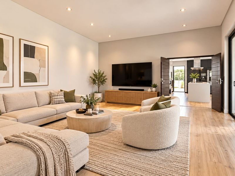 Spacious, modern living room featuring timber flooring, recessed lighting, and large sliding glass doors that provide seamless access to the outdoor area.