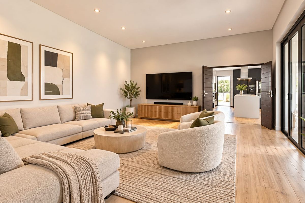 Spacious, modern living room featuring timber flooring, recessed lighting, and large sliding glass doors that provide seamless access to the outdoor area.