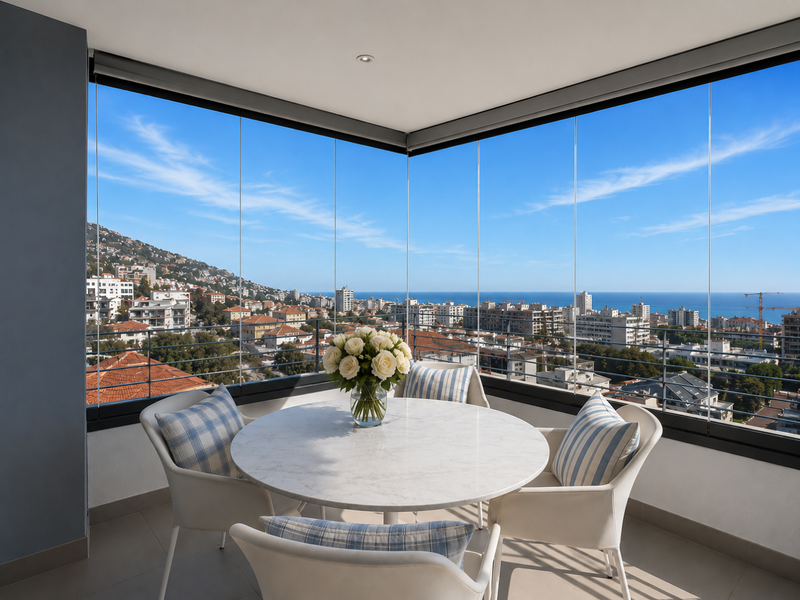 A modern enclosed balcony featuring frameless glass panels, offering panoramic city and ocean views with sleek tiled flooring and recessed lighting.