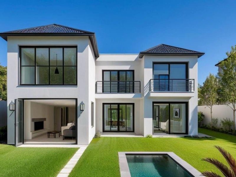 Rear view of a modern two-story cluster home featuring a swimming pool, manicured lawn, and large black-framed glass doors leading to the interior.