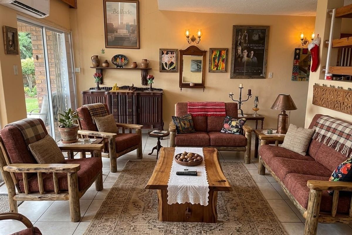 A comfortable living room featuring tiled flooring, wall-mounted air conditioning, and large sliding glass doors providing access to the outdoor area.