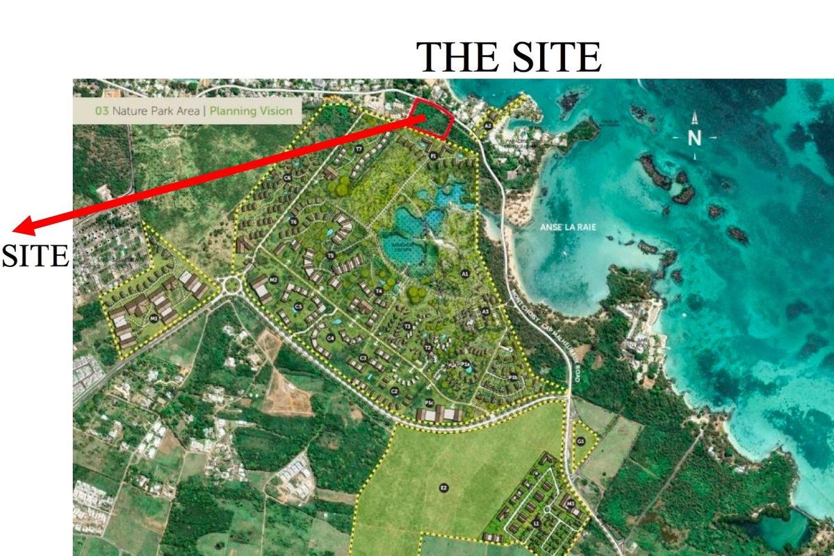An aerial site plan showing the location of the property within a coastal development area, highlighting proximity to the coastline and nature park.