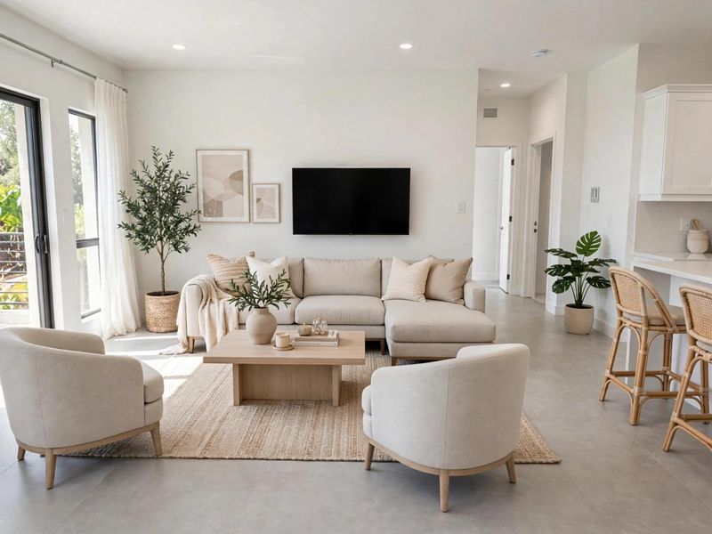 Bright open-plan living area featuring a modern kitchen with shaker cabinetry, quartz countertops, and seamless access to a private balcony through sliding glass doors.
