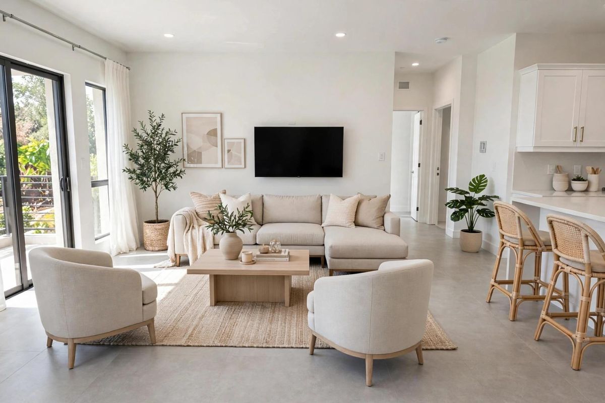 Bright open-plan living area featuring a modern kitchen with shaker cabinetry, quartz countertops, and seamless access to a private balcony through sliding glass doors.