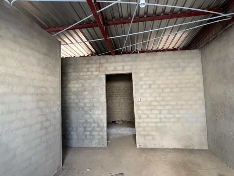 An unfinished utility space featuring exposed steel roof trusses, corrugated metal roofing, unplastered masonry walls, and a raw concrete floor.