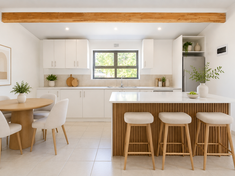 Modern open-plan kitchen featuring white cabinetry, stone countertops, a timber-accented island, and a decorative ceiling beam, seamlessly integrated with a dining area.