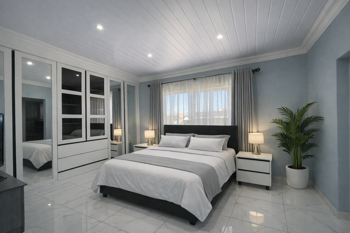 A well-appointed bedroom featuring polished tile flooring, a white tongue-and-groove ceiling with recessed lighting, and extensive built-in mirrored wardrobe cabinetry.