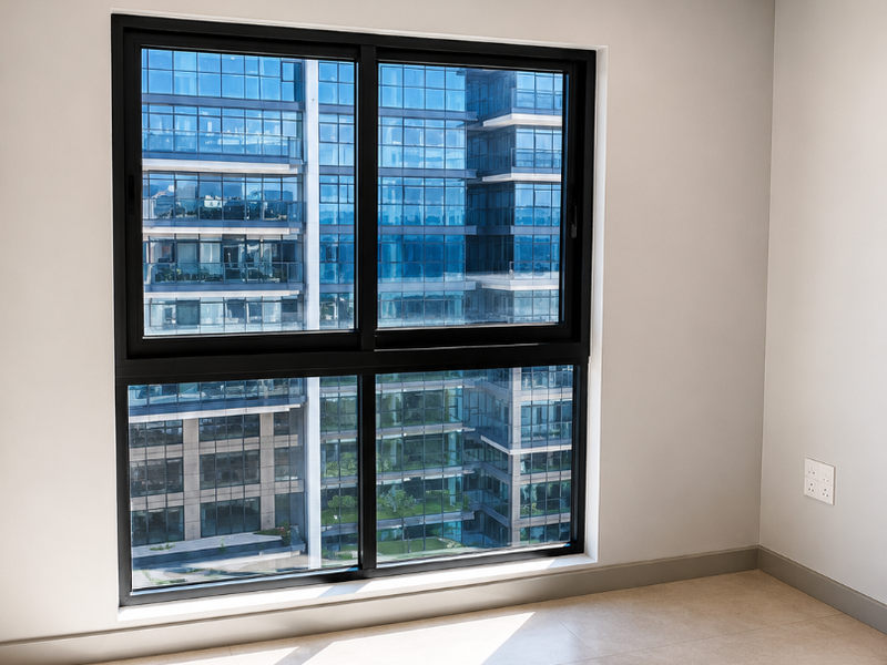 A bright, empty bedroom featuring modern tiled flooring, recessed downlights, and a large black aluminium window frame with an urban view.