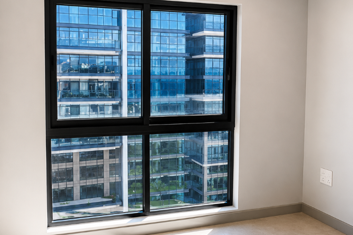 A bright, empty bedroom featuring modern tiled flooring, recessed downlights, and a large black aluminium window frame with an urban view.