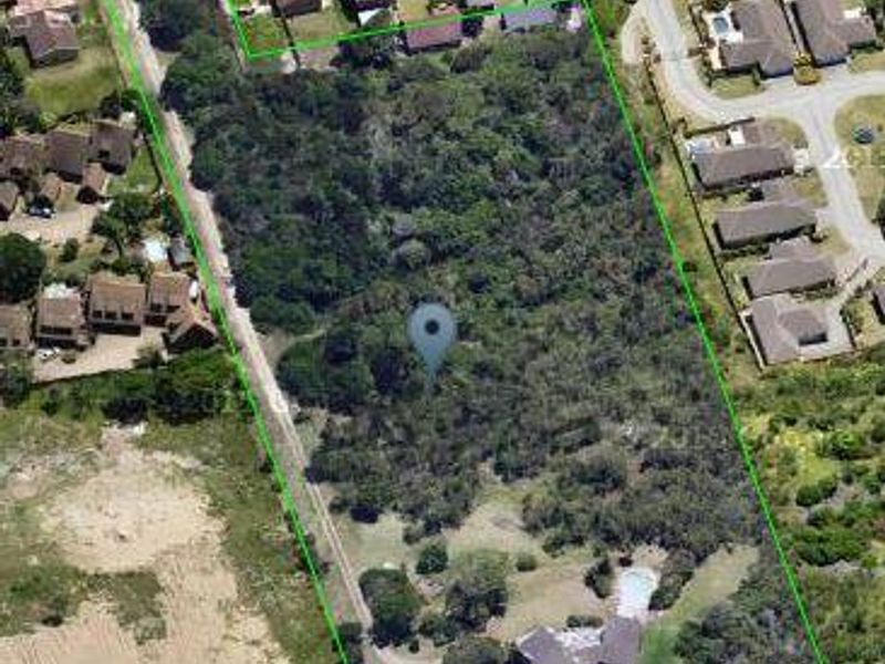 An aerial view of a large residential plot featuring dense vegetation and an existing swimming pool area.