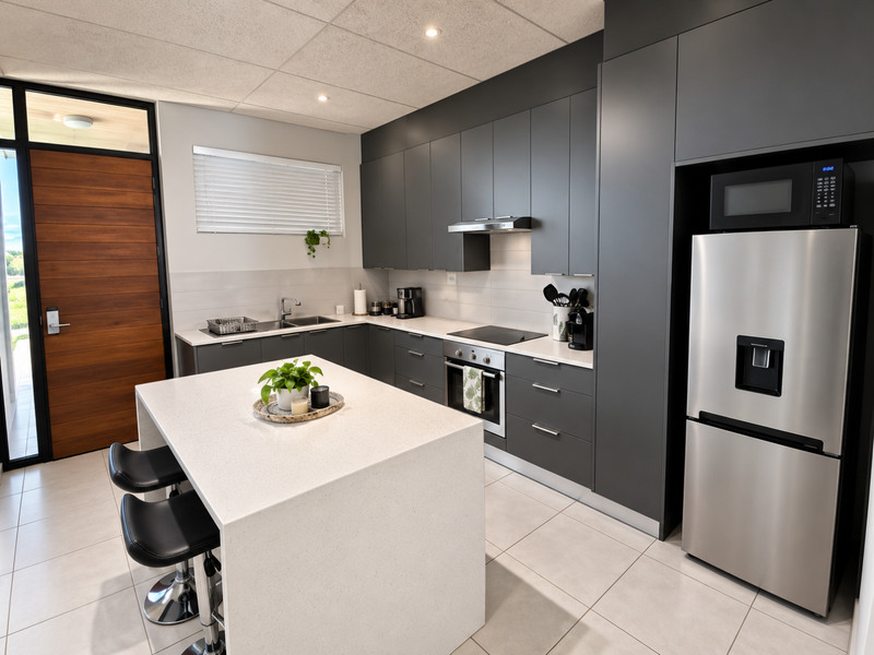 Modern kitchen featuring dark grey cabinetry, a large quartz island, integrated appliances, and sleek tiled flooring in a well-lit, contemporary space.