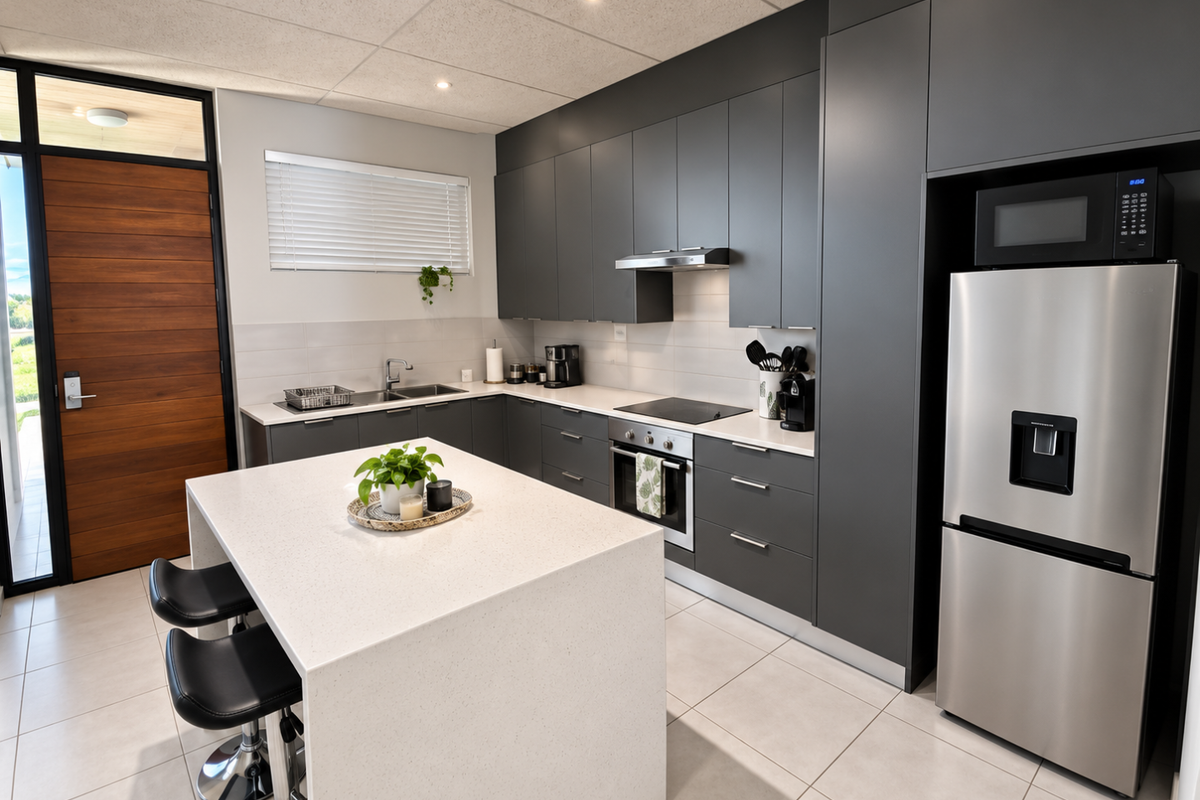 Modern kitchen featuring dark grey cabinetry, a large quartz island, integrated appliances, and sleek tiled flooring in a well-lit, contemporary space.