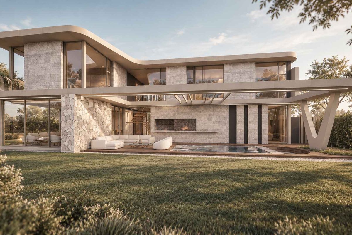 Modern luxury residence featuring a swimming pool, timber decking, stone facade, and a covered patio with a built-in fireplace overlooking the garden.