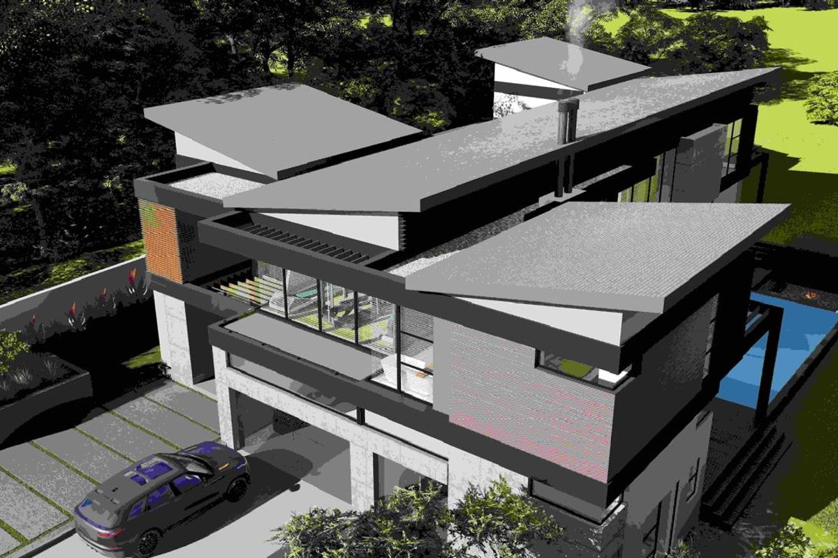 An aerial 3D architectural rendering of a modern multi-level house featuring a flat roof design, swimming pool, and driveway.