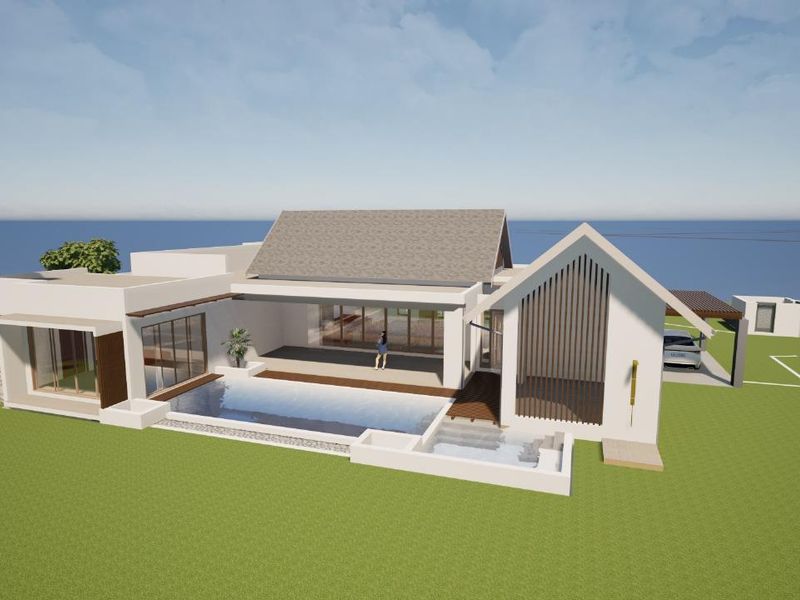 A modern architectural 3D render of a coastal residence featuring a swimming pool, covered patio, and integrated garage.
