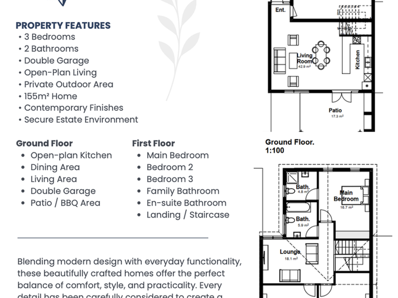 Architectural floor plan for a three-bedroom townhouse unit featuring open-plan living, a double garage, and a private patio area.