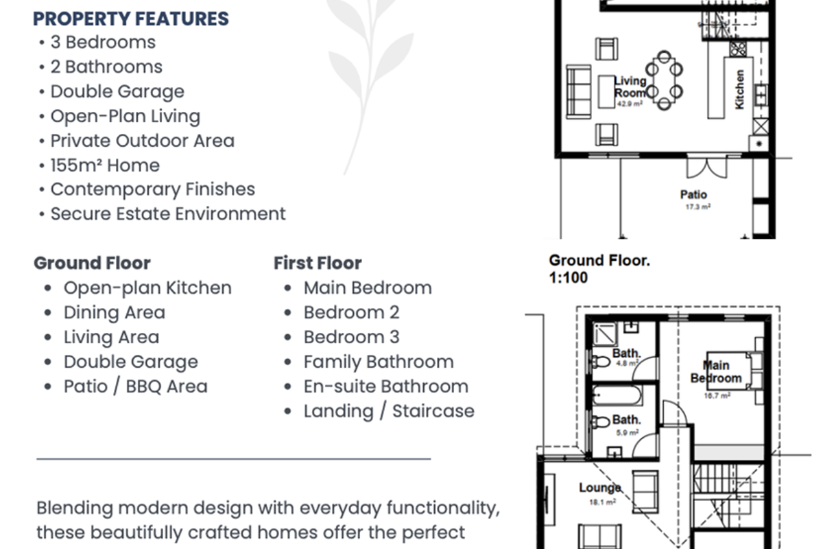 Architectural floor plan for a three-bedroom townhouse unit featuring open-plan living, a double garage, and a private patio area.