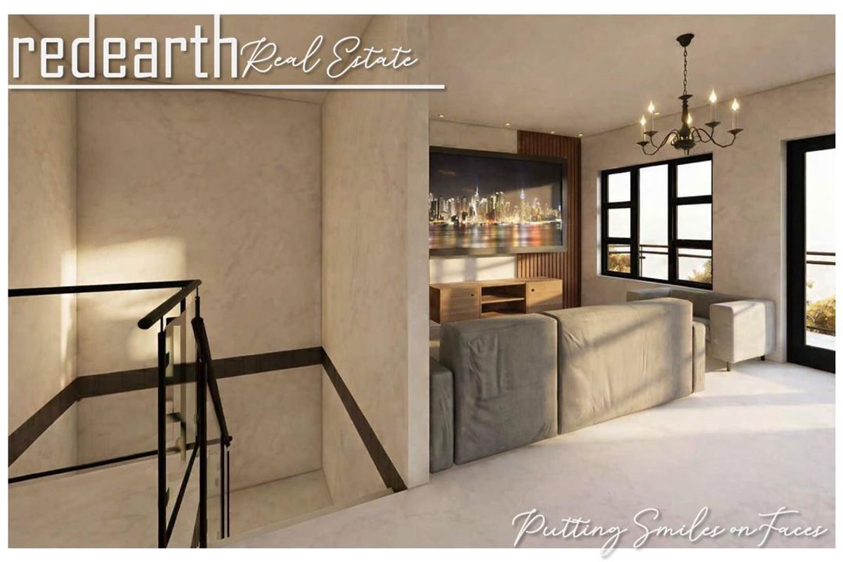 Modern living area featuring a staircase with glass balustrade, elegant chandelier lighting, and a feature wall with slatted wood paneling.