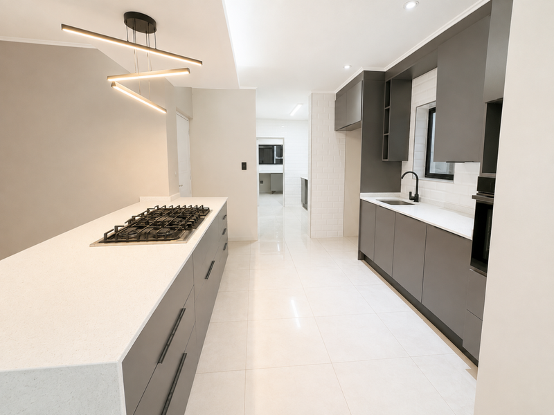 Modern, renovated kitchen featuring a large island with a gas cooktop, sleek grey cabinetry, quartz countertops, and high-end finishes throughout.