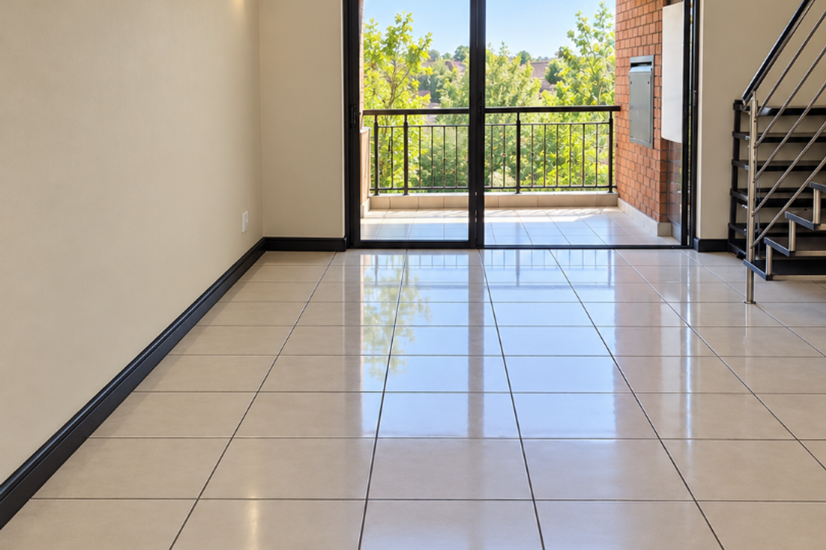 A bright, empty living area featuring polished ceramic floor tiles, a modern metal staircase, and a sliding glass door leading to a private balcony.