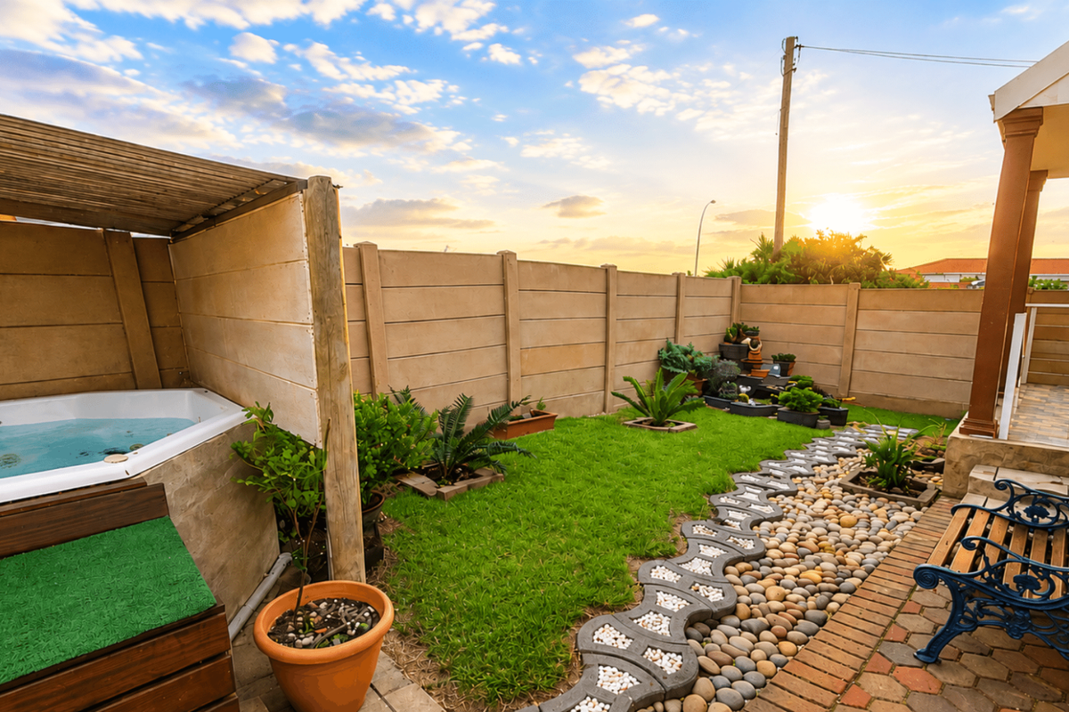A well-maintained rear garden featuring a built-in jacuzzi, paved pathways, landscaped lawn, and a covered patio area.