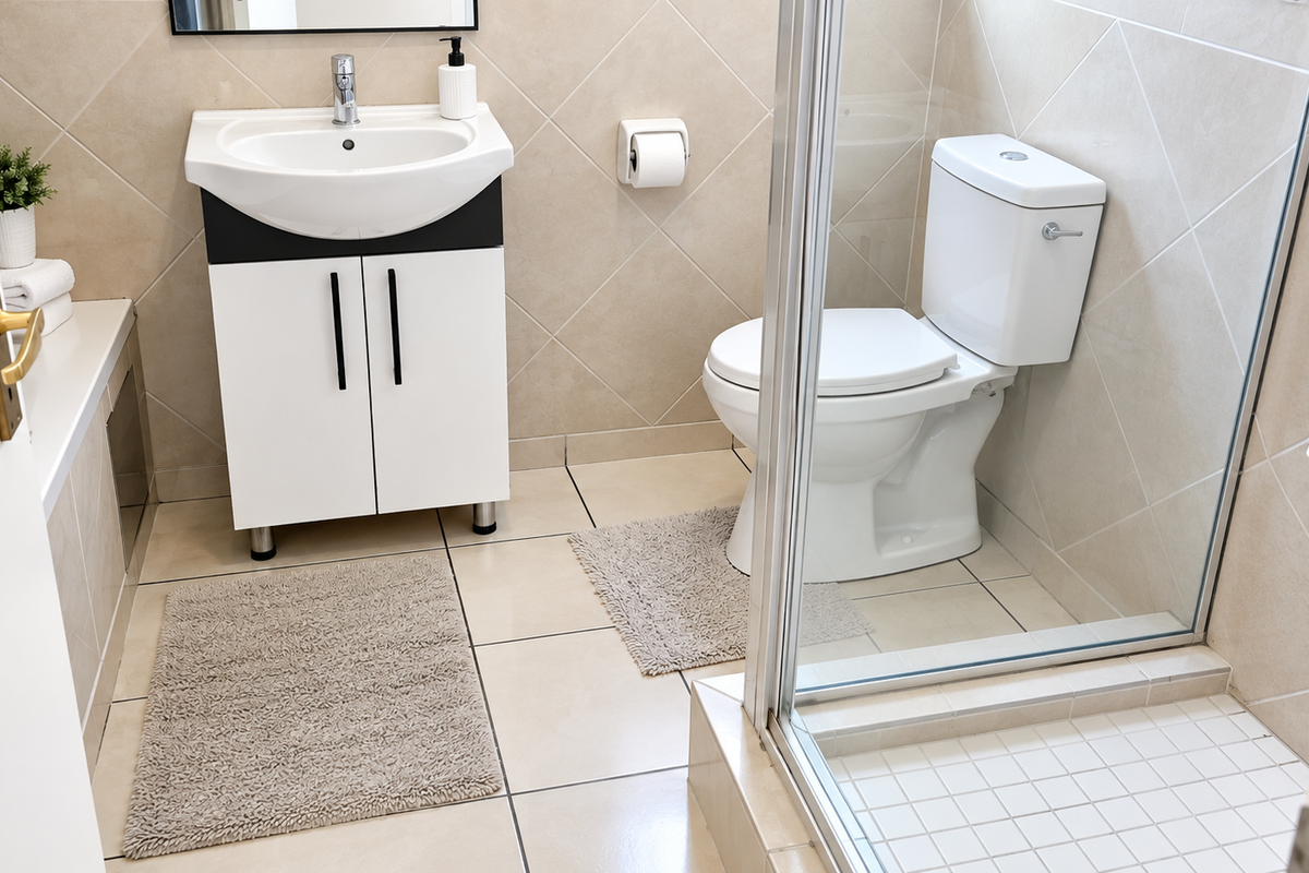 A clean, well-maintained bathroom featuring a modern vanity, a white toilet, and a glass-enclosed shower with neutral wall and floor tiling.