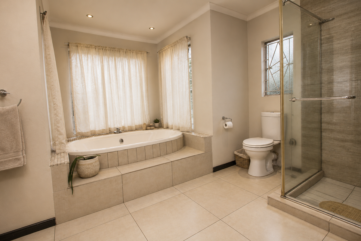 A well-maintained bathroom featuring a built-in bathtub with tiled surround, a separate glass-enclosed shower, and a modern toilet.