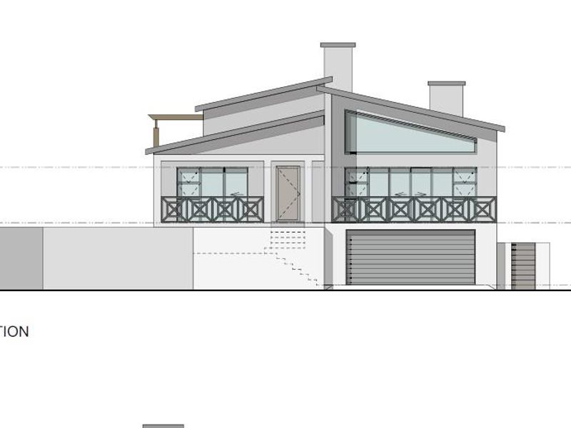 Architectural west elevation drawing showing the house facade, including the garage, balcony, and roof structure.