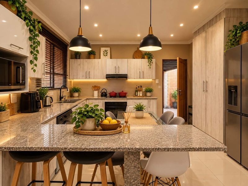 Modern kitchen featuring granite countertops, built-in appliances, sleek veneer cabinetry, and a functional island with integrated breakfast bar seating.