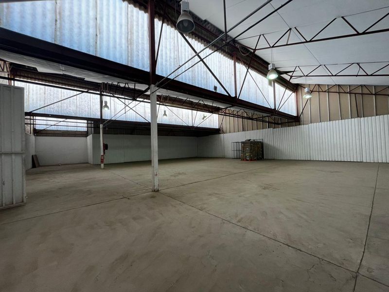 Spacious industrial utility space featuring high ceilings with exposed steel trusses, translucent wall panels for natural light, and durable concrete flooring.