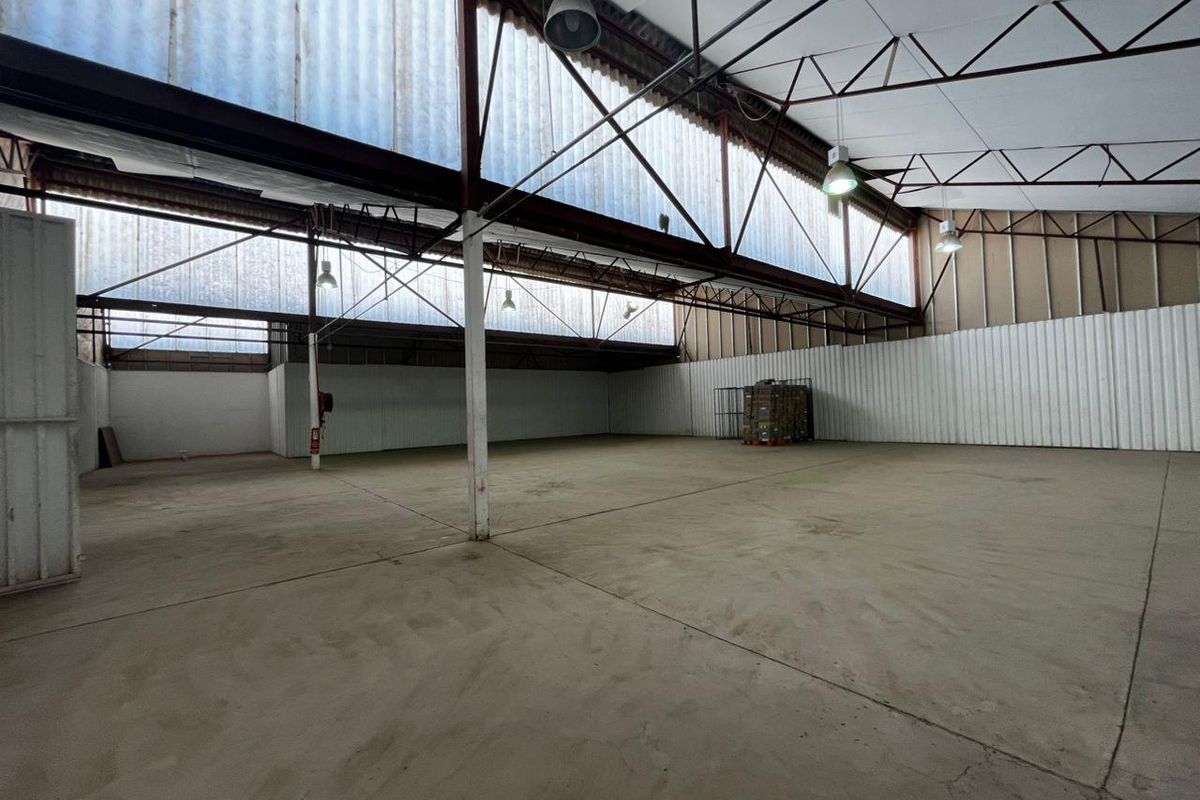 Spacious industrial utility space featuring high ceilings with exposed steel trusses, translucent wall panels for natural light, and durable concrete flooring.
