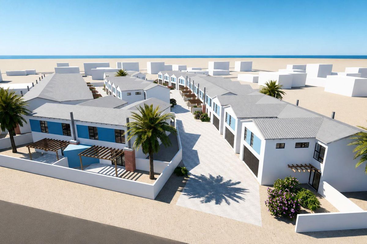 Aerial view of a modern townhouse development featuring uniform architecture, paved driveways, and private outdoor pergola areas.