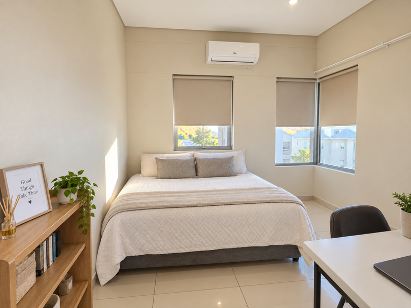 A bright and modern bedroom featuring tiled flooring, roller blinds, and a wall-mounted split-system air conditioner.