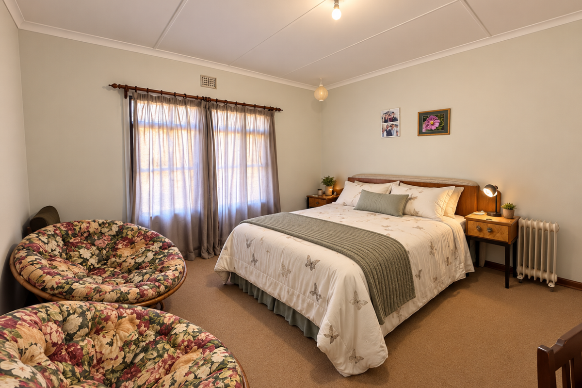 A well-maintained bedroom featuring neutral walls, carpeted flooring, and a built-in radiator, offering a comfortable and functional living space.